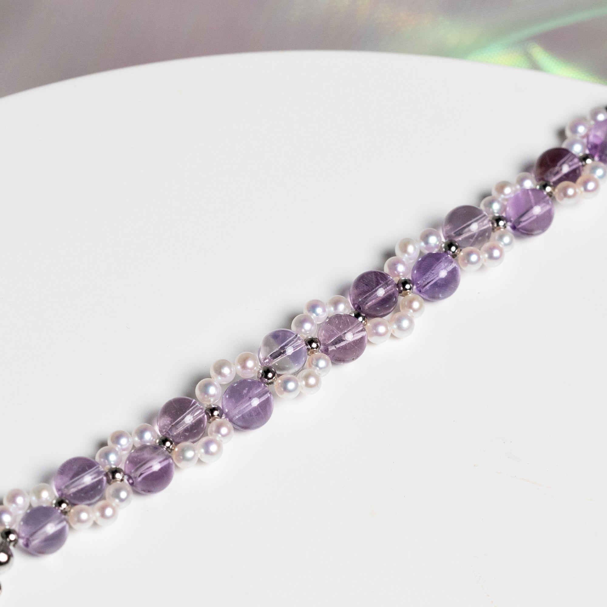 Neko Series Amethyst Crystal Pearl Bracelet 3-in-1 Mechanism White Gold