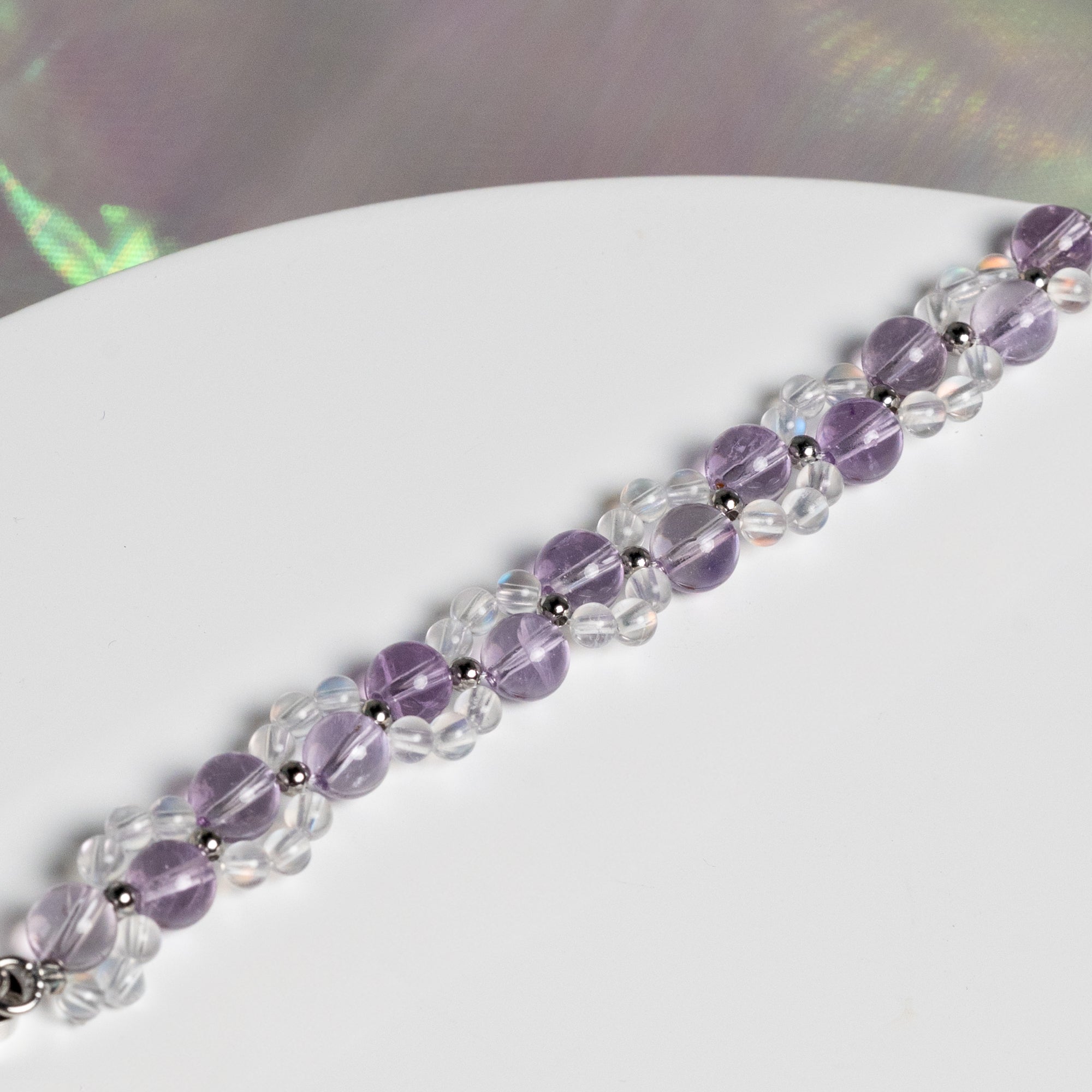 Neko Series Amethyst Madagascar Moonstone Crystal Bracelet 3-in-1 Mechanism White Gold