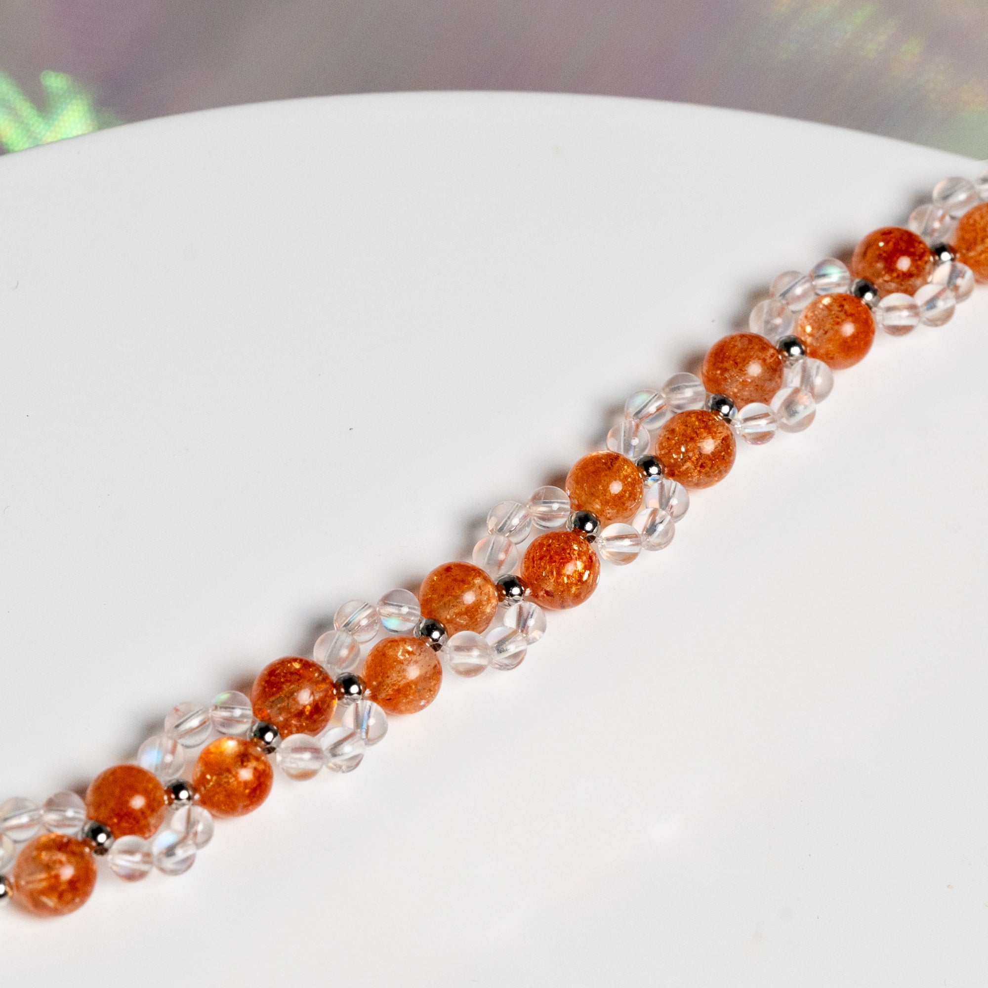 Neko Series Sunstone x Madagascar Moonstone Crystal Bracelet 3-in-1 Mechanism White Gold