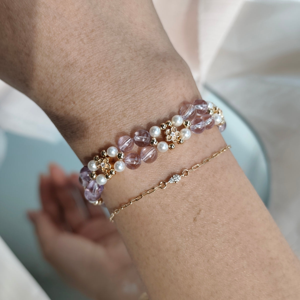 Amethyst x Pearls - Hana Series Bracelet 3-in-1 Mechanism 14K Gold