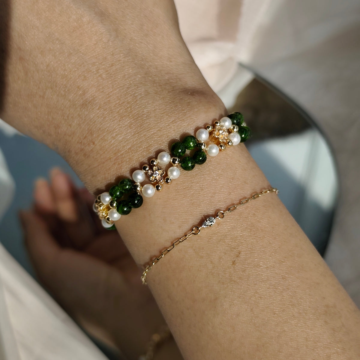 Diopside x Pearls - Hana Series Bracelet 3-in-1 Mechanism 14K Gold