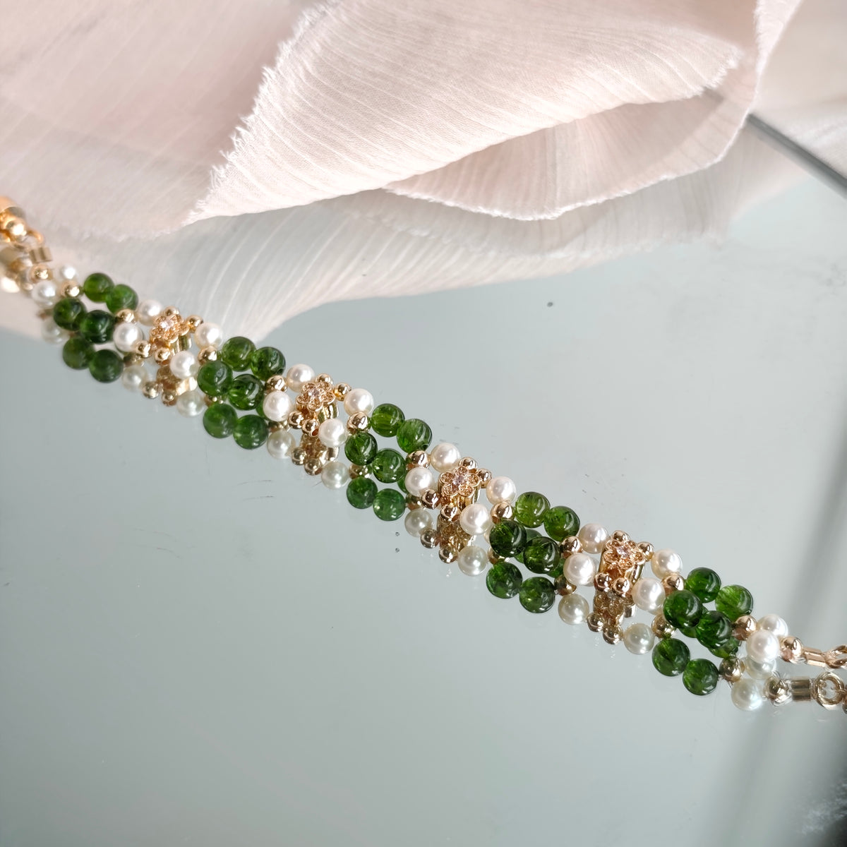 Diopside x Pearls - Hana Series Bracelet 3-in-1 Mechanism 14K Gold