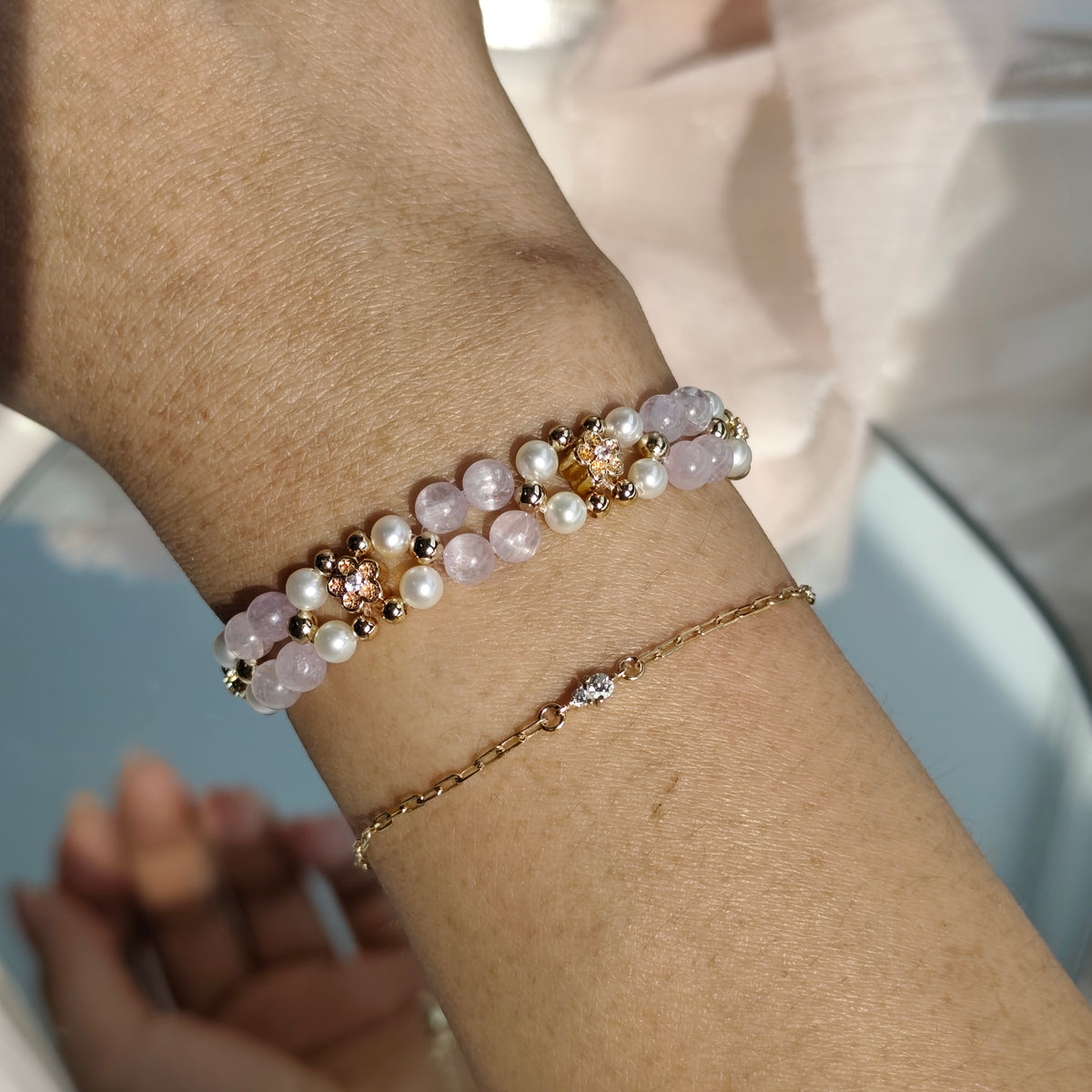 Kunzite x Pearls - Hana Series Bracelet 3-in-1 Mechanism 14K Gold