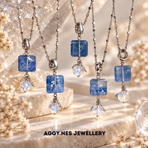 [AGGY] Dumortierite Cube Scenic Dangling Necklace | Madagascar Moonstone