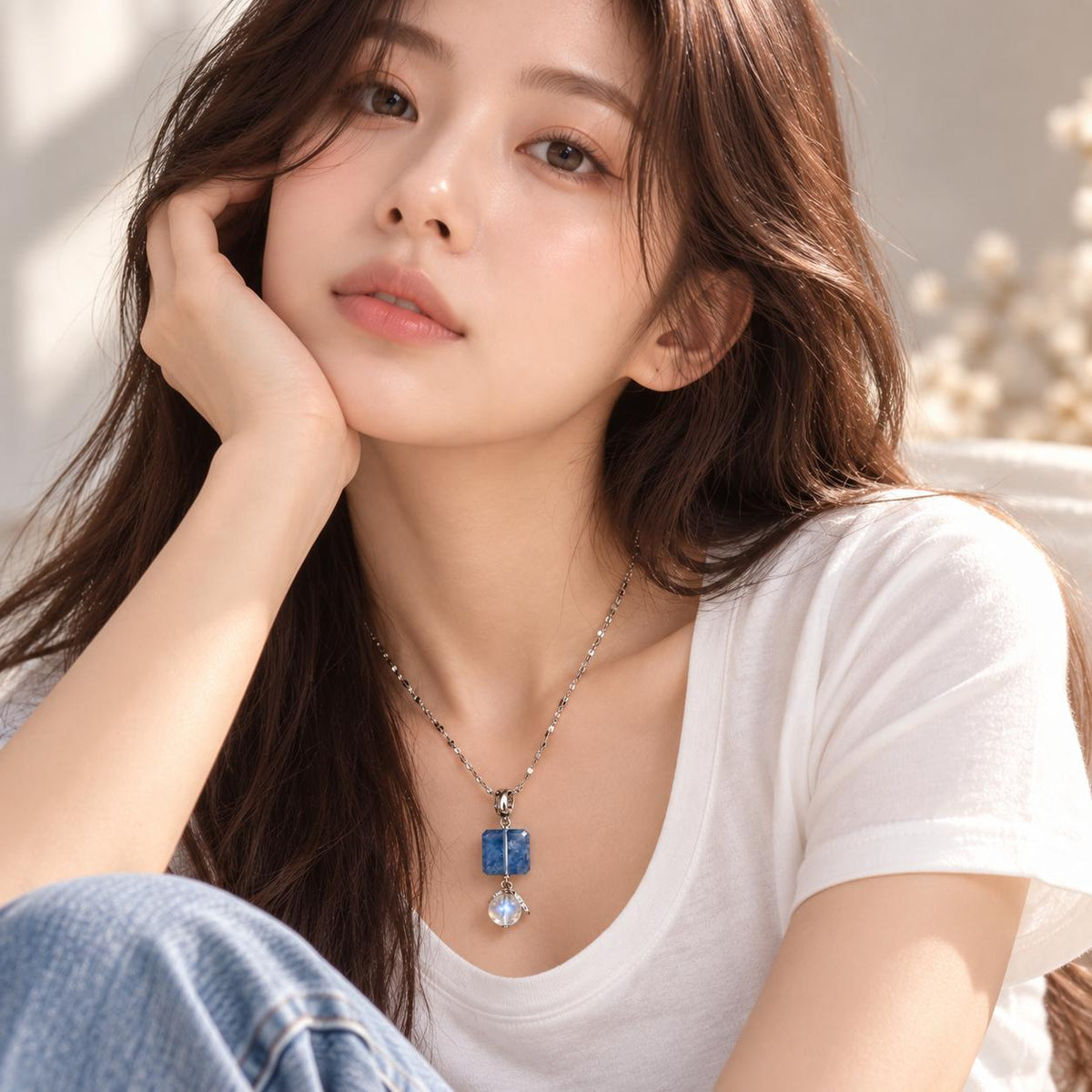 [AGGY] Dumortierite Cube Scenic Dangling Necklace | Madagascar Moonstone