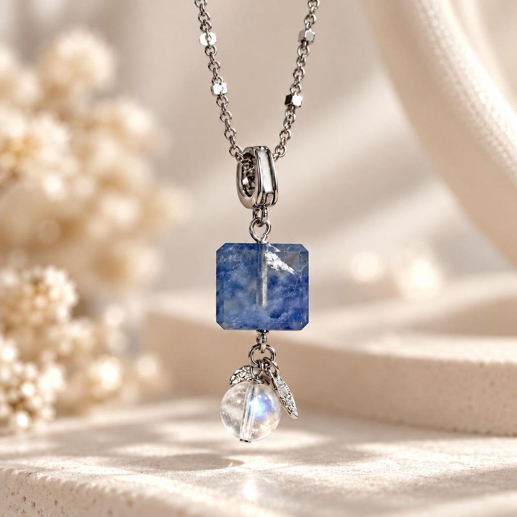 [AGGY] Dumortierite Cube Scenic Dangling Necklace | Madagascar Moonstone
