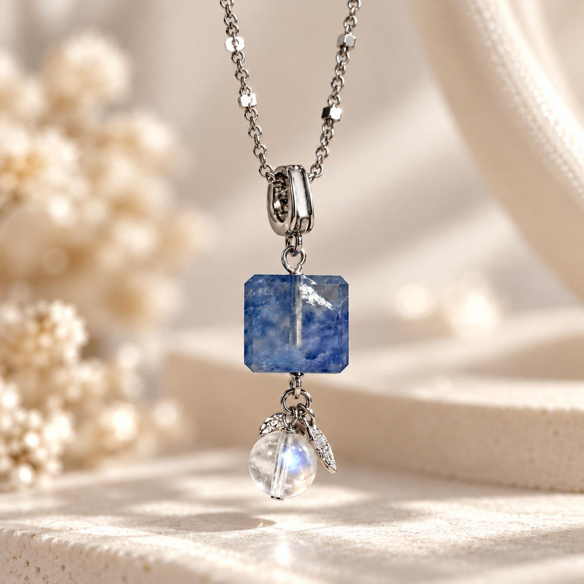 [AGGY] Dumortierite Cube Scenic Dangling Necklace | Madagascar Moonstone